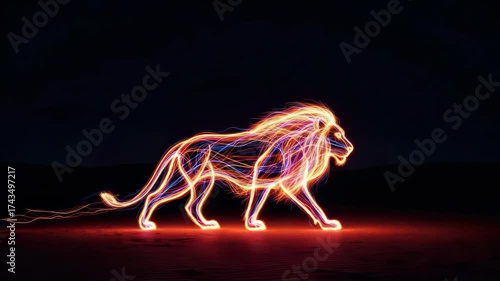 Neon Light Trail Lion Prowling in Desert Landscape, Digital Art Concept Animation