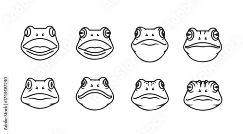 Collection of eight expressive hand drawn frog faces showing different emotions and mouth shapes vector