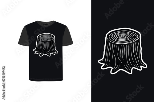 Minimalist Tshirt mockup drawing a tree stump with rings bark texture wood