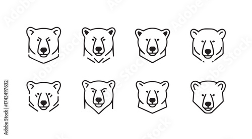 Set of eight detailed bear head portraits showing different expressions and angles in sketch style vector