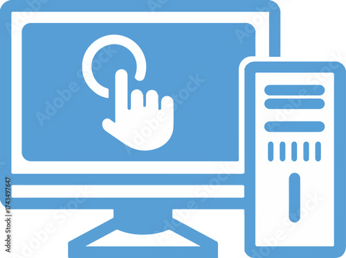 Blue icon of a desktop computer with a finger cursor interacting with the screen monitor tower
