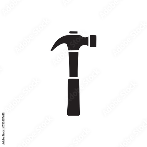 A simple black silhouette of a hammer tool isolated on a white background in a centered composition