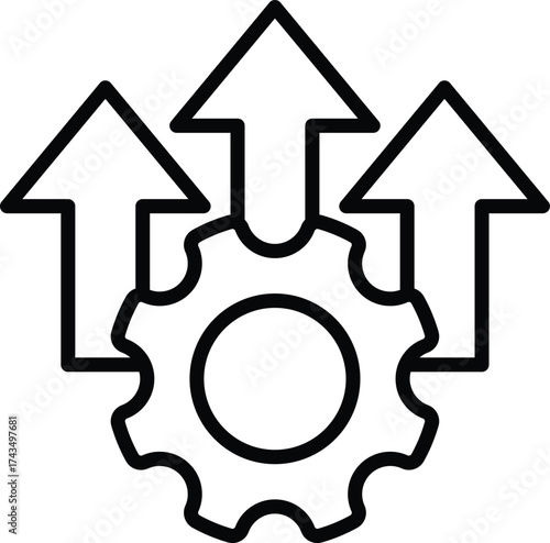 Line style icon of operational efficiency showing gear and upward arrows. Perfect for business, productivity, management, and performance improvement concepts.
