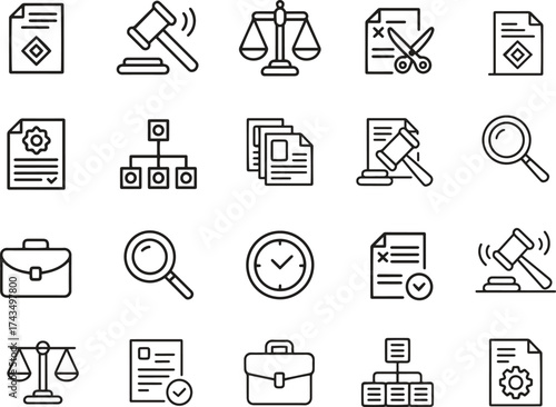Law and Legal Service Icon Set – Justice, Court, and Document Vector Illustration Collection