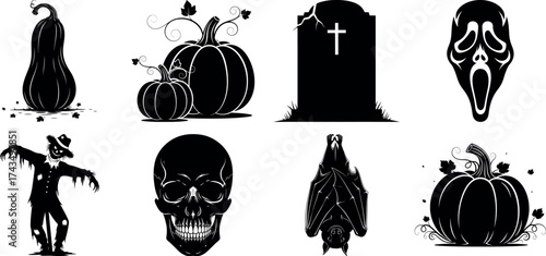 Vector art of set of eerie halloween elements featuring pumpkins, a tombstone, scarecrow, and skull