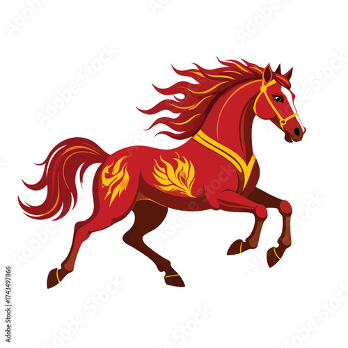 A stylized, red horse with golden accents is depicted in a dynamic, leaping pose against a white background.