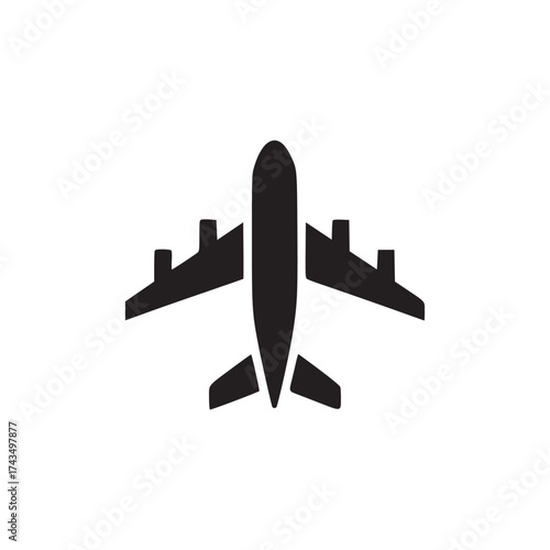 A simple black airplane icon with wings and tail on a white background in a top down view style