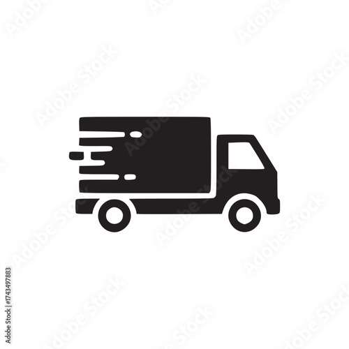 A black and white illustration of a delivery truck with motion lines indicating speed and movement