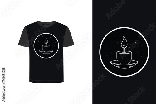 Minimalist Tshirt mockup outline a lit candle in a round holder light flame