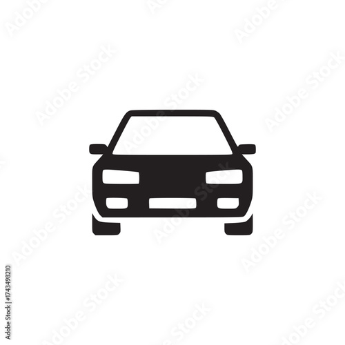 A front facing black silhouette of a car with headlights and tires on a white isolated background