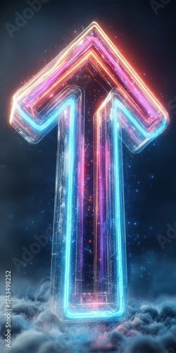 Neon upward arrow in mystical cloudscape with glowing colors and energy