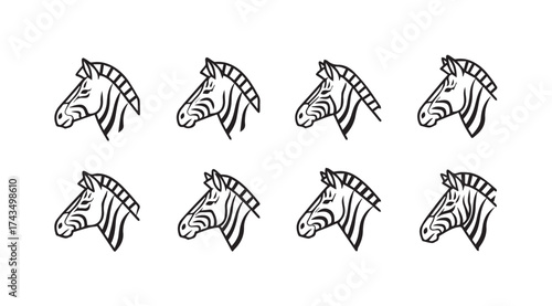 Collection of eight stylized zebra head portraits with distinctive stripes and mane detail vector