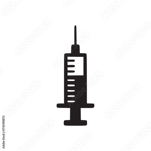 A simple black and white illustration of a syringe with a needle on a plain white background space