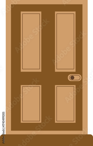 Brown Wooden Panel Door Doorknob Home Entry Flat Vector Simple Illustration