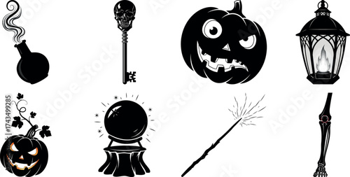 Vector art of collection of spooky halloween icons including a pumpkin, skull, key, and potion