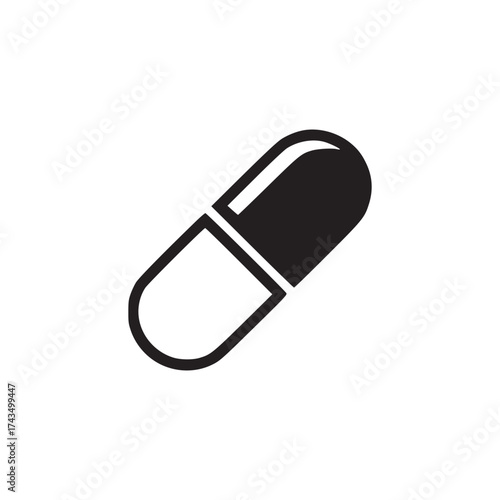A minimalist black and white illustration of a capsule pill on a plain white background in simple style