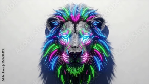 Neon Majesty: An Abstract Digital Rendering of a Lion with Vibrant Colors and Lines