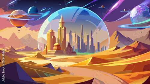 Fantasy desert metropolis shaped from golden sand and holographic glass, glowing under twin suns, reflecting the fusion of magic, energy, and modern imagination.