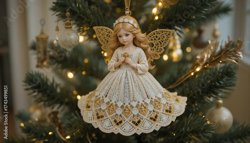 Beautiful angel ornament hanging on Christmas tree decorated with lights