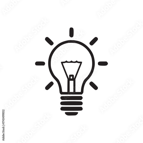 A simple line drawing of a light bulb with radiating lines on a plain white background illustration