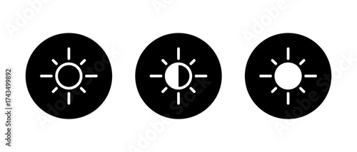 Brightness sun icon set in black circle. Light and dark mode display symbol