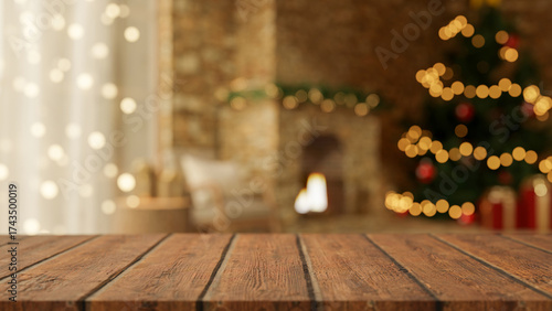 Quadro su tela Empty wooden counter table across blurred Christmas tree and lighting fireplace in cosy living room