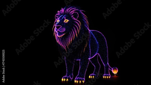 Striking animated Lion animation glowing with vibrant purple and orange hues on a black canvas