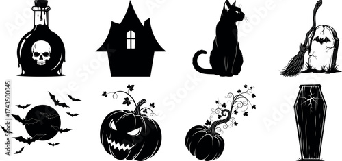 Vector art of set of halloween icons featuring potion bottle, haunted house, black cat, tombstone, and coffin