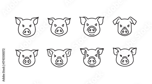 Collection of eight adorable pig faces hand drawn sketch style for farm animal graphics vector