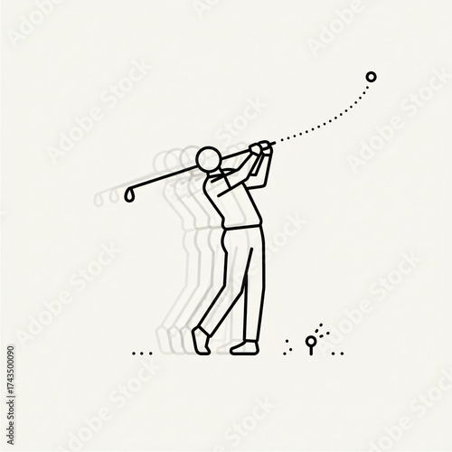 Dynamic Line Art Icon of a Golfer Hitting a Powerful Tee Shot with Motion Blur Effect and Trajectory of the Golf Ball