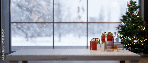 Fotografie Present gift box and drink bottle on marble table and Christmas tree with snowin