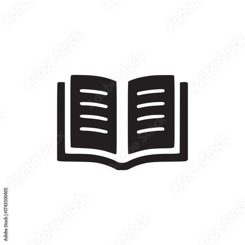 A simple black and white illustration of an open book with text on the pages on a white background