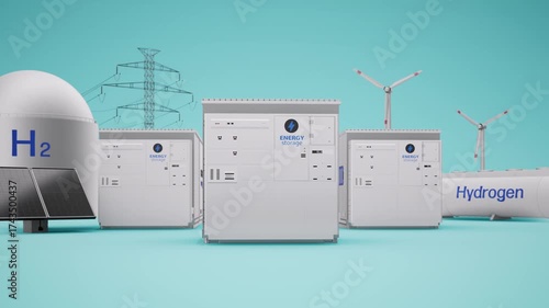 Alternative energy concept with 3d rendering group of energy storage systems or battery container units with various sources of energy 4k footage