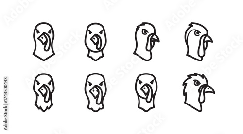 Collection of turkey head icons simple line art for poultry farming and thanksgiving designs vector