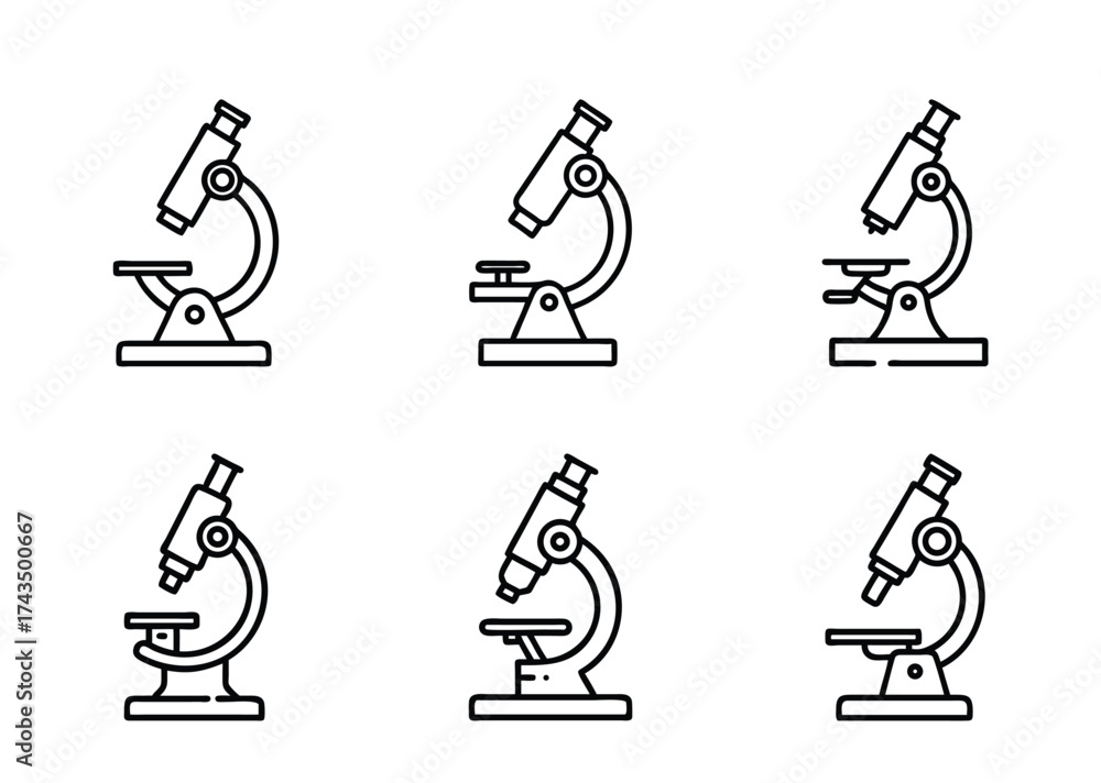 Obraz premium Set of minimalist line art microscope icons for science and research applications