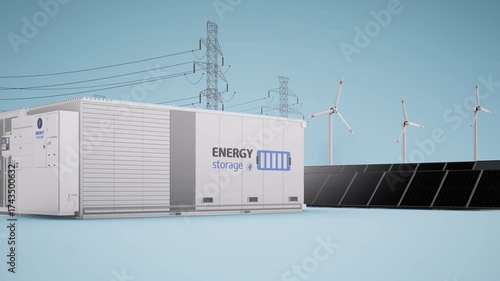 Alternative energy concept with 3d rendering group of energy storage systems or battery container units with various sources of energy 4k footage