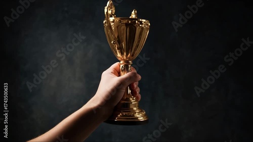 Close Up Of Business Woman's Hand Holding A Gold Trophy, To Her Side Showing Award Winning As The First Winner On dark Screen Background In The Studio..
