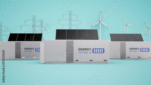 Alternative energy concept with 3d rendering group of energy storage systems or battery container units with various sources of energy 4k footage