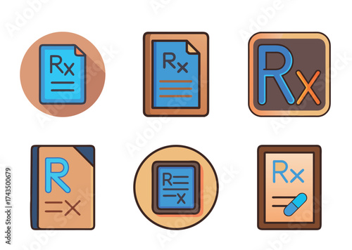 Set of Six Colorful Rx Medical Prescription Illustration Icons on White Background
