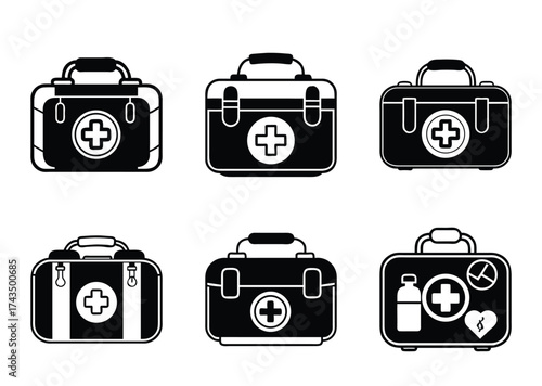 Six first aid kits in black and white vector illustration set