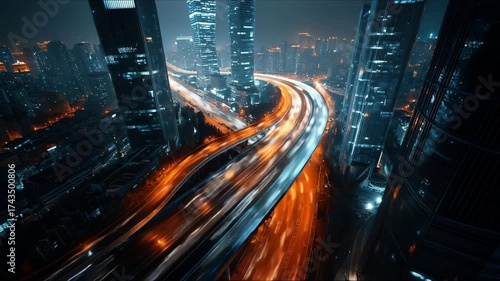Aerial View of a Busy City Roads at Modern big City at Night Time