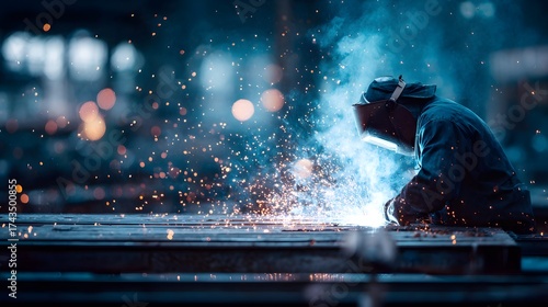 Wallpaper Mural Intense image showcases a person welding metal with a bright, concentrated light source creating fiery sparks within a workshop environment, emphasizing the process and the worker's dedication to... Torontodigital.ca
