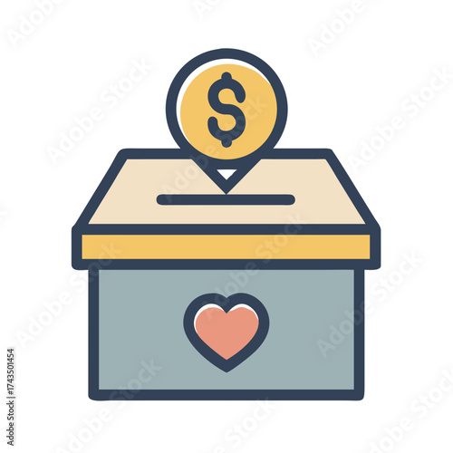 Donation box with heart symbol and dollar sign for charity concept  