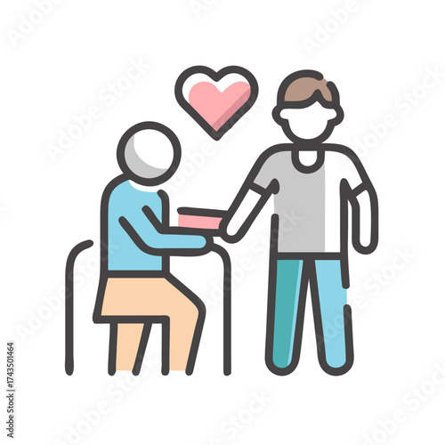 Elderly person receiving care from man with heart illustration, Charity