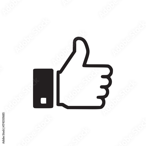 A simple black and white illustration of a thumbs up hand gesture on a white background space area