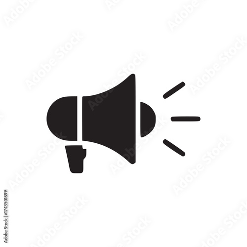 A simple black silhouette of a megaphone with sound waves emanating from the speaker on white background
