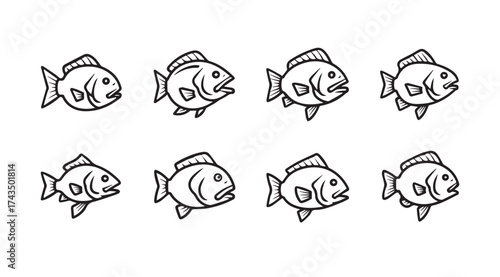 Set of eight playful cartoon goldfish illustrations in various simple poses and expressions vector