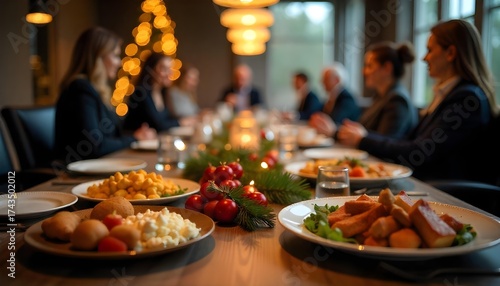 A festive table set with plates of food and drinks for a corporate Christmas office party, decorated for the holiday season