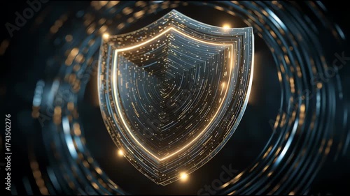 Digital Shield: A shimmering digital shield glows against a dark, futuristic backdrop, its intricate details and golden accents suggesting robust protection and cutting-edge security.