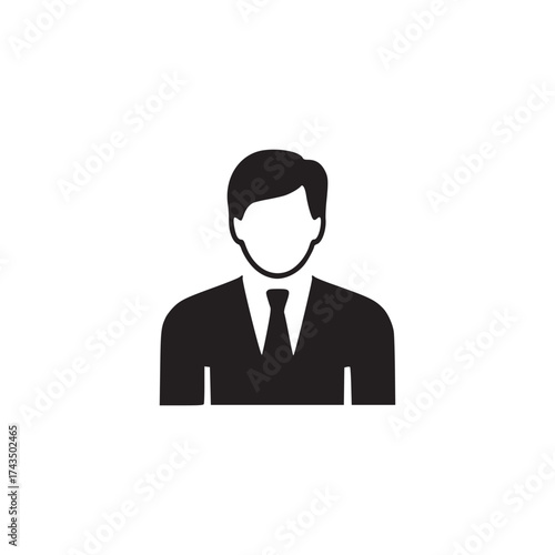 A simple black and white icon of a person in a suit and tie on a white background in the center